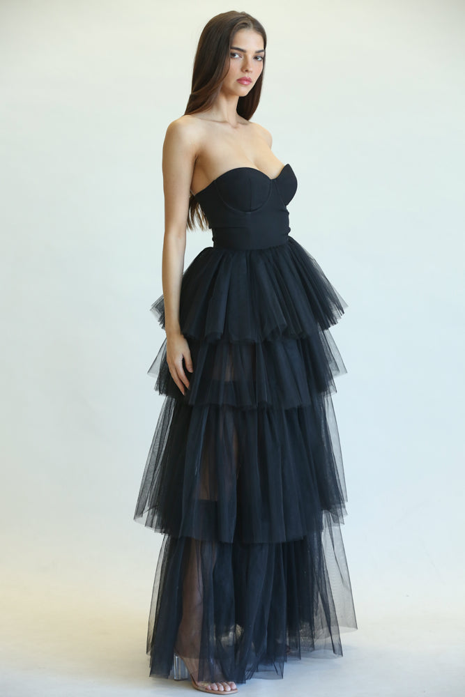 Elegant Black Couture Strapless Bodycon Ruffle Puffy Mesh Gown