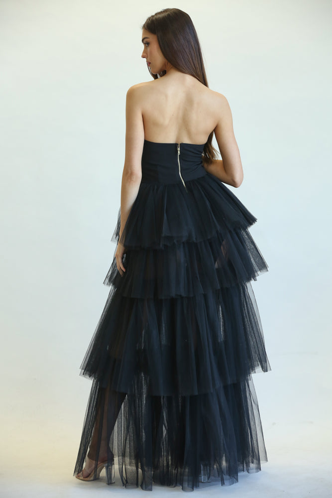 Elegant Black Couture Strapless Bodycon Ruffle Puffy Mesh Gown Elegant Black Couture Strapless Bodycon Ruffle Puffy Mesh Gown