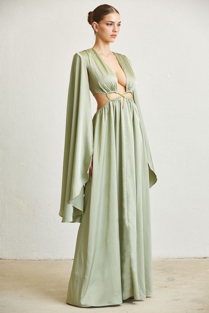 Elegant Light Green Satin Deep V-Neck Cut-Out Crystal Detailed Open Back Maxi Dress with Cape Sleeve