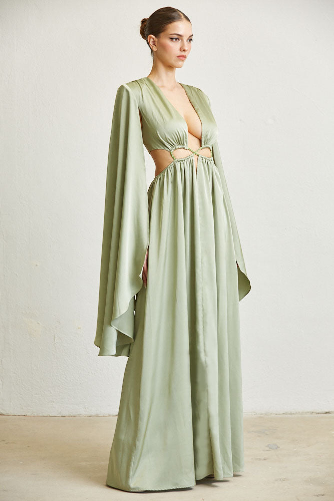 Elegant Light Green Satin Deep V-Neck Cut-Out Crystal Detailed Open Back Maxi Dress with Cape Sleeve Elegant Light Green Satin Deep V-Neck Cut-Out Crystal Detailed Open Back Maxi Dress with Cape Sleeve