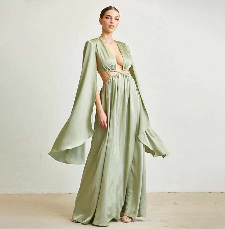 Elegant Light Green Satin Deep V-Neck Cut-Out Crystal Detailed Open Back Maxi Dress with Cape Sleeve