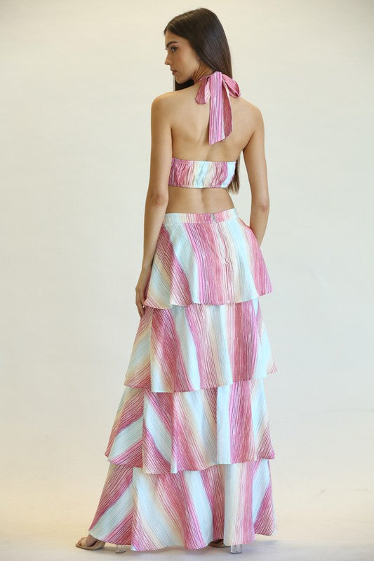 Fashion Multi-Color Cross Halter Cut-Out Open Back Layered Ruffle Maxi Dress
