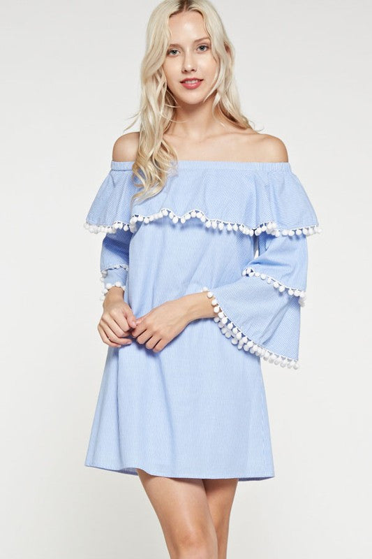 Fashion Marine Off Shoulder Pompom Dress