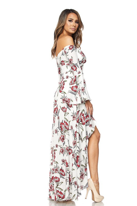 Elegant Floral Print Off Shoulder White Maxi Dress