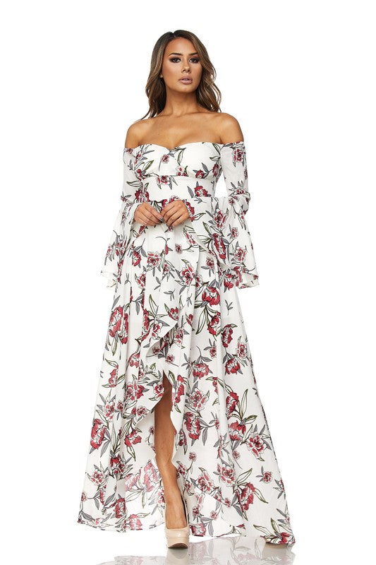 Elegant Floral Print Off Shoulder White Maxi Dress