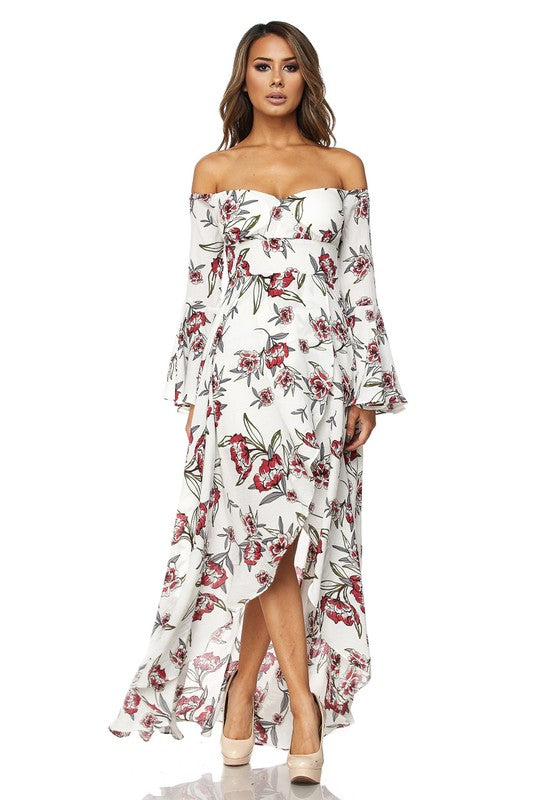 Elegant Floral Print Off Shoulder White Maxi Dress