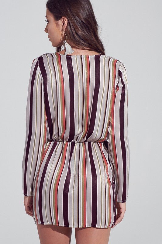 Fashion Multi-Color Striped Deep V-Neck Knot Dress