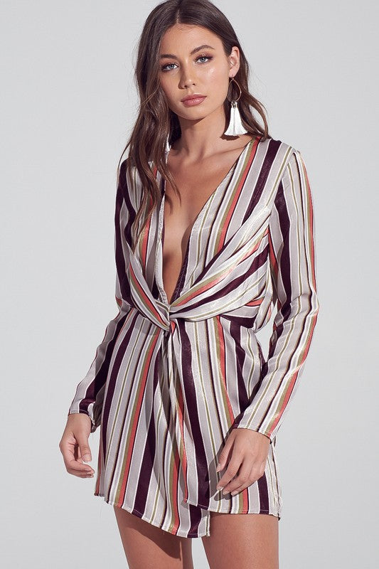 Fashion Multi-Color Striped Deep V-Neck Knot Dress