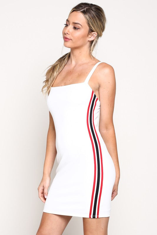 Fashion Strap White Mini Dress Striped Side Detailed