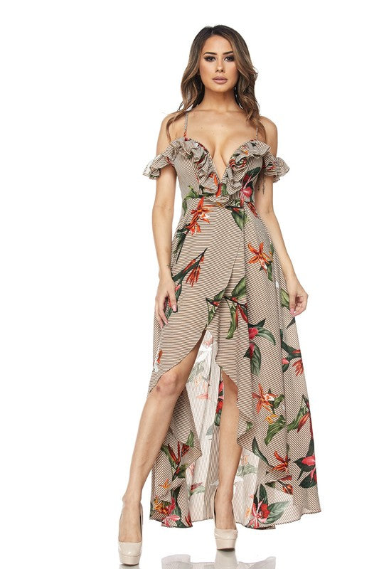 Elegant Mix Pattern Off Shoulder Multi-Color Maxi Dress