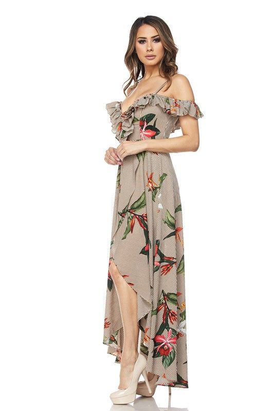 Elegant Mix Pattern Off Shoulder Multi-Color Maxi Dress