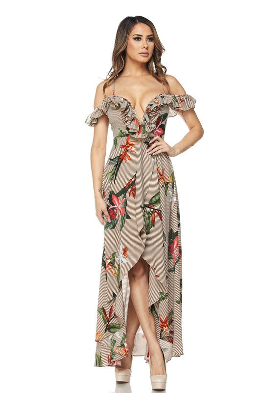 Elegant Mix Pattern Off Shoulder Multi-Color Maxi Dress