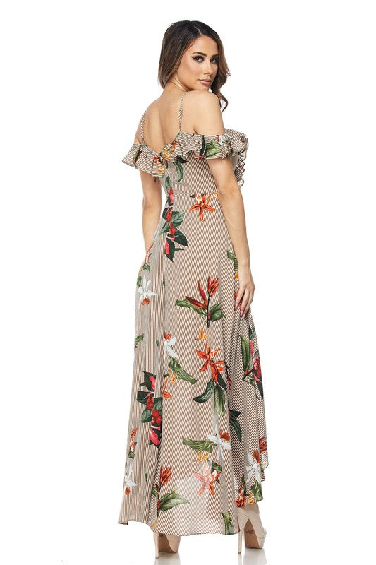 Elegant Mix Pattern Off Shoulder Multi-Color Maxi Dress