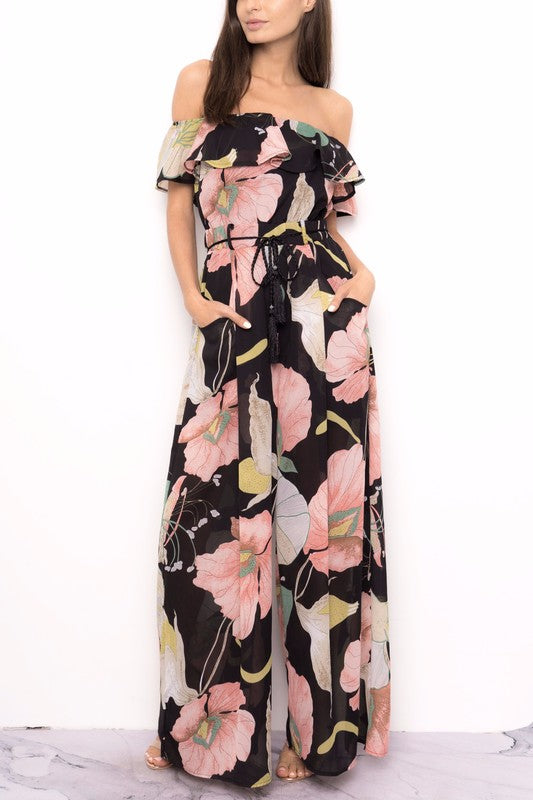 Fashion Off Shoulder Black Floral Print Jumpsuit