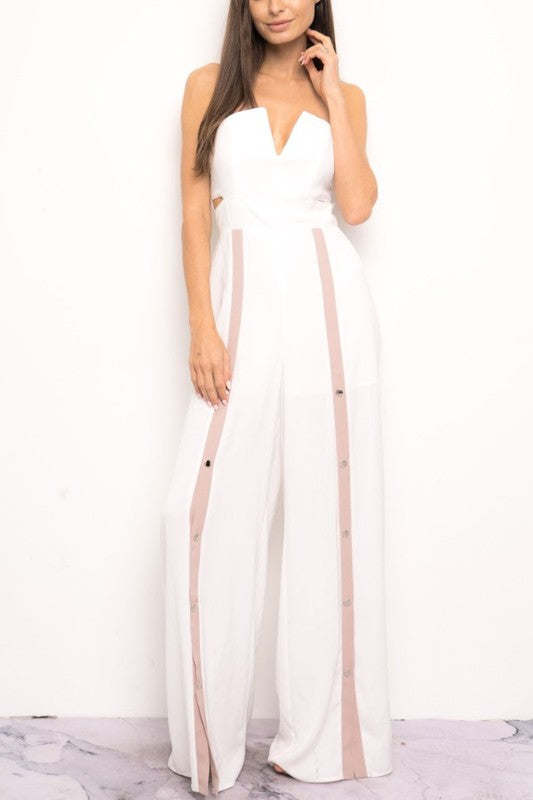 Elegant Strapless Cut Out White Jumpsuit with Snap Buttons