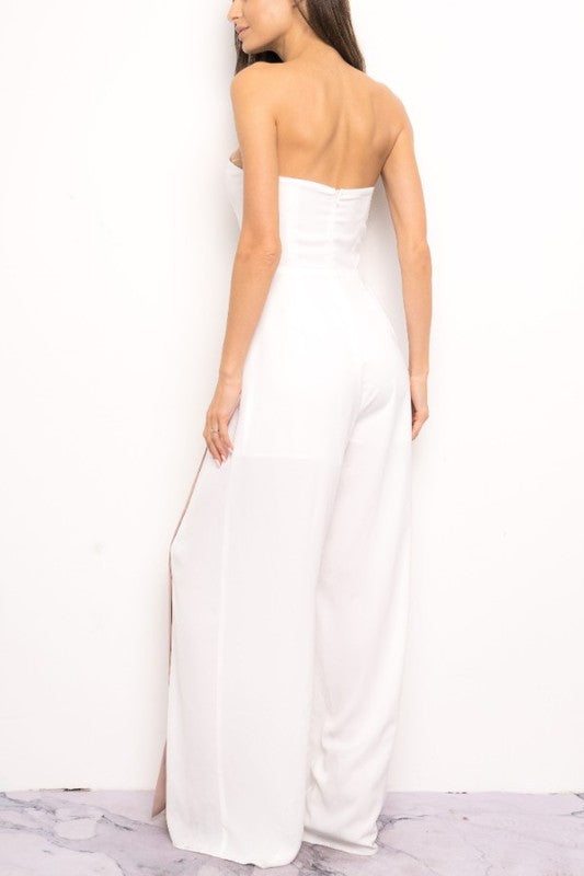 Elegant Strapless Cut Out White Jumpsuit with Snap Buttons