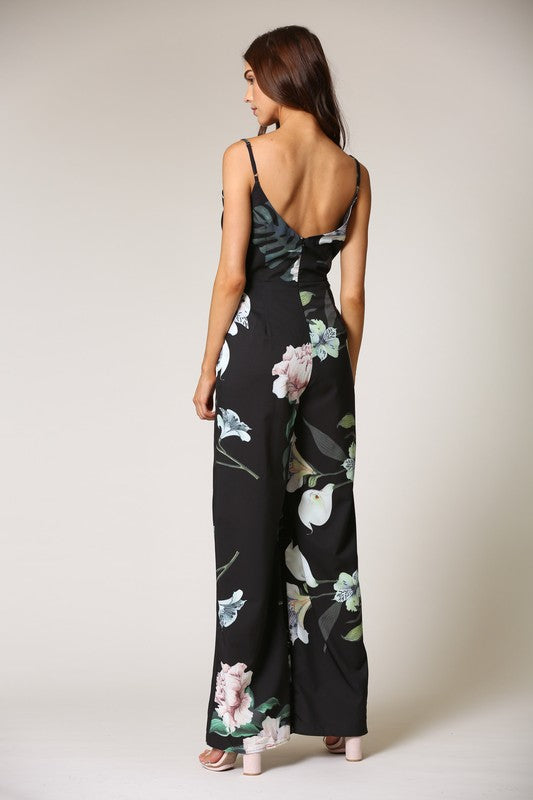 Elegant Floral Print Black Cut Out Jumpsuit
