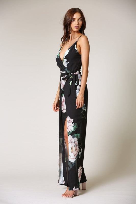 Elegant Floral Print Black Cut Out Jumpsuit