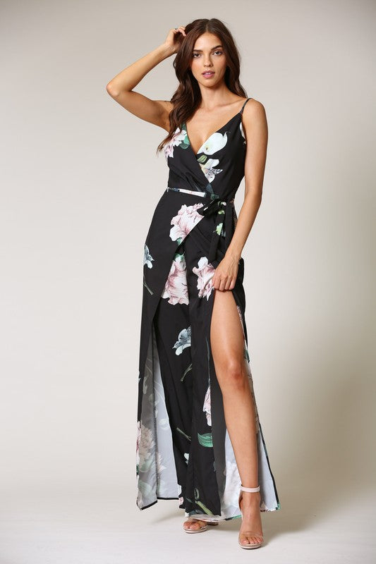 Elegant Floral Print Black Cut Out Jumpsuit