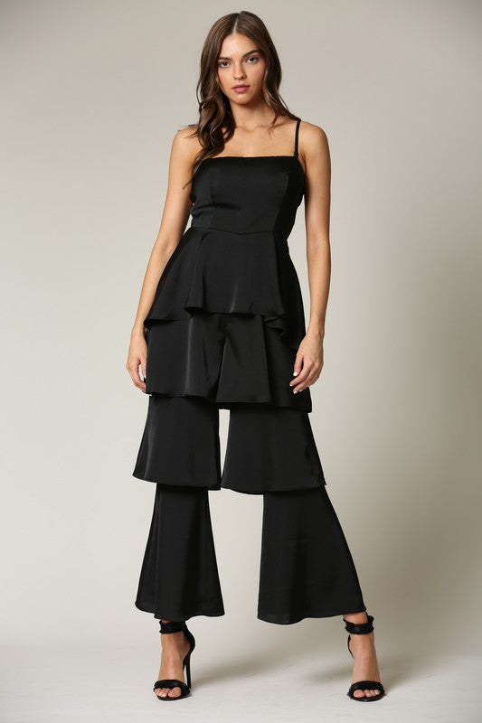 Elegant Strap Black High Waisted Ruffle Layered Satin Jumpsuit
