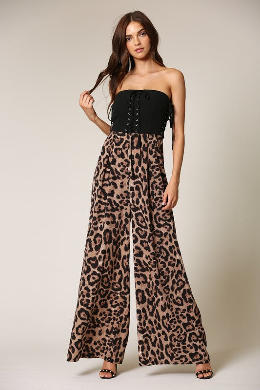 Fashion Strapless Black Corset Tie-Up Animal Print High Waisted Jumpsuit