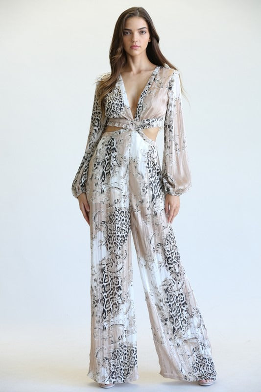 Elegant Nude Multi-Color Leopard Print Gold Detailed Textured V-Neck Cut-Out Back Tie-Up Jumpsuit with Long Sleeve