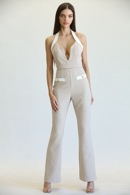 Fashion Nude Deep V-Neck Halter Jumpsuit