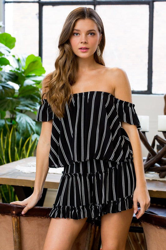 Fashion Off Shoulder Black Ruffle Contrast Romper