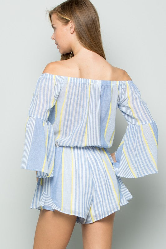 Fashion Summmer Off Shoulder Blue Multi-Color Marine Ruffle Romper with Bell Sleeve