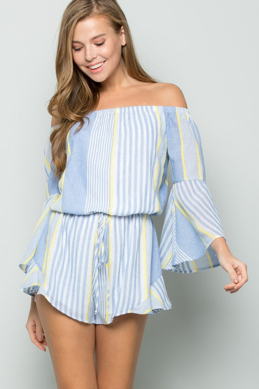Fashion Summmer Off Shoulder Blue Multi-Color Marine Ruffle Romper with Bell Sleeve