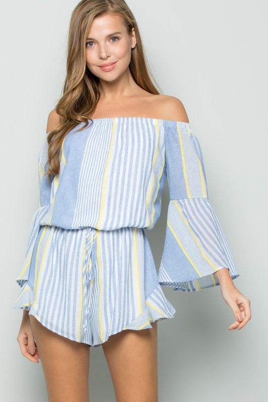 Fashion Summmer Off Shoulder Blue Multi-Color Marine Ruffle Romper with Bell Sleeve