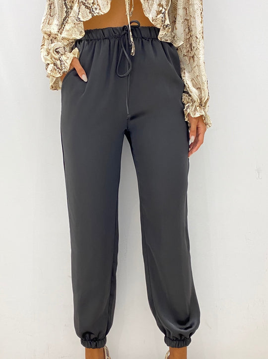 Elegant Casual Black Satin Jogger Pants