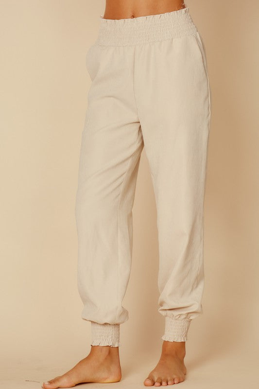 Fashion Khaki Smocked Hem Waist Jogger Pants