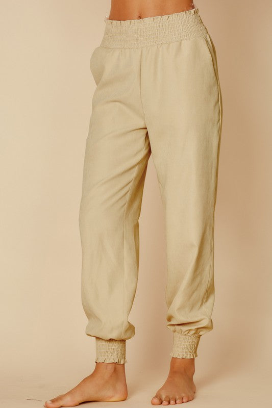 Fashion Taupe Smocked Hem Waist Jogger Pants
