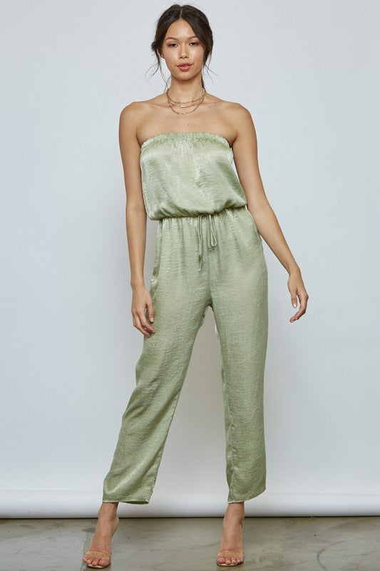 Fashion Strapless Dusty Sage Satin Tie-Up Jumpsuit