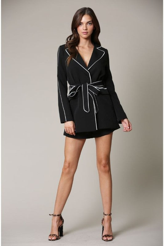 Elegant Black Contrast Blazer Style Tie-Up Romper