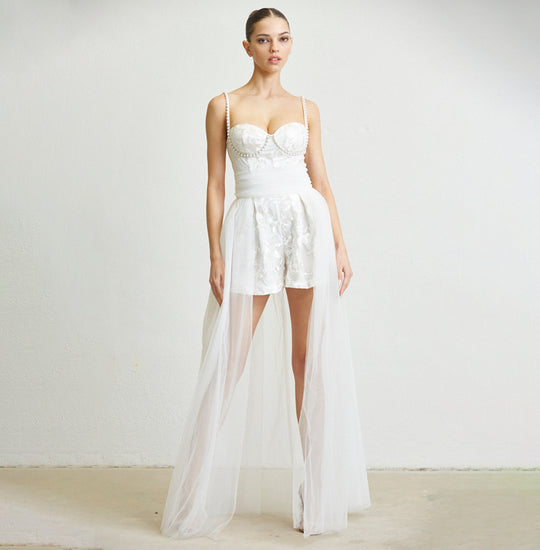 Elegant Cocktail Strap White Floral Lace Corset Pearl Detailed Maxi Romper