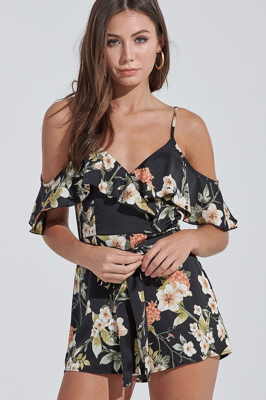 Fashion Strap Black Multi-Color Floral Print Tie-Up Ruffle Sleeveless Romper