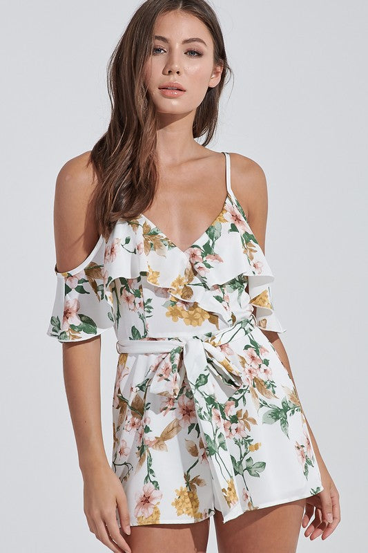 Fashion Strap Ivory Multi-Color Floral Print Tie-Up Ruffle Sleeveless Romper