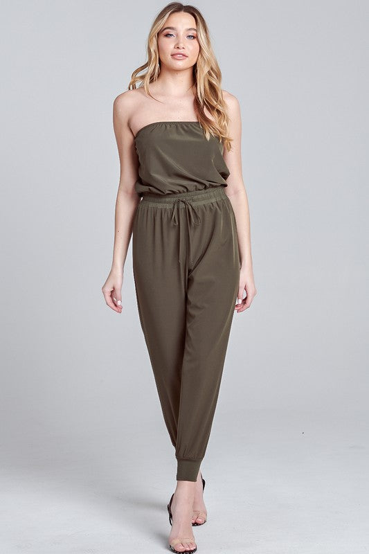 Elegant Strapless Military Green Tie-Up Jagger Jumpsuit