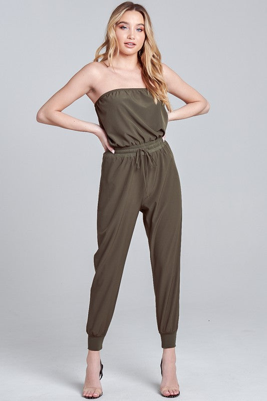 Elegant Strapless Military Green Tie-Up Jagger Jumpsuit