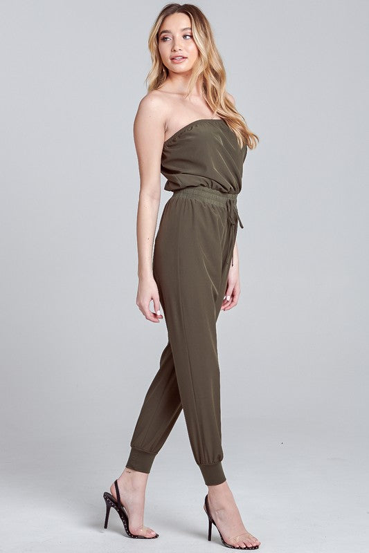 Elegant Strapless Military Green Tie-Up Jagger Jumpsuit