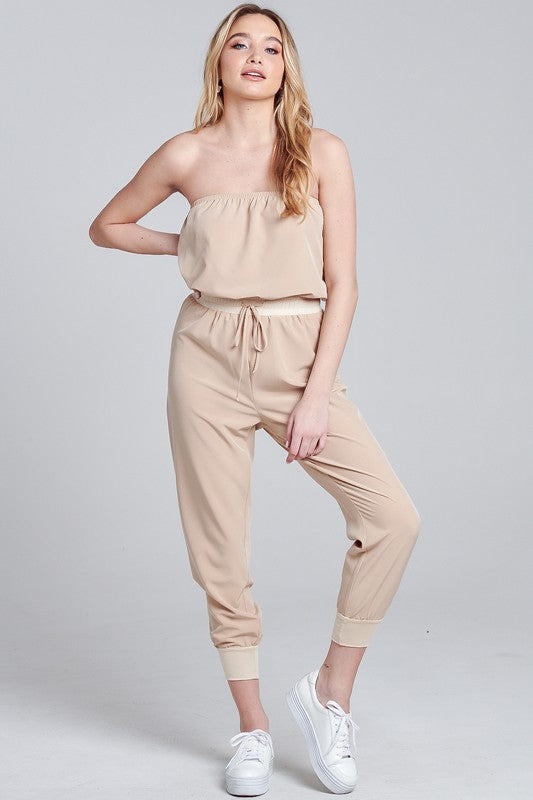 Elegant Strapless Beige Tie-Up Jagger Jumpsuit