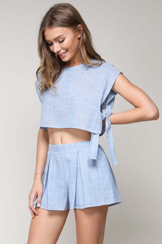 Fashion Summer Blue Marine Red Striped Detailed Side Tie-Up Crop Top