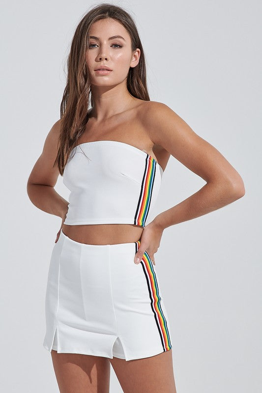 Fashion Strapless Ivory Multi-Color Striped Side Crop Top