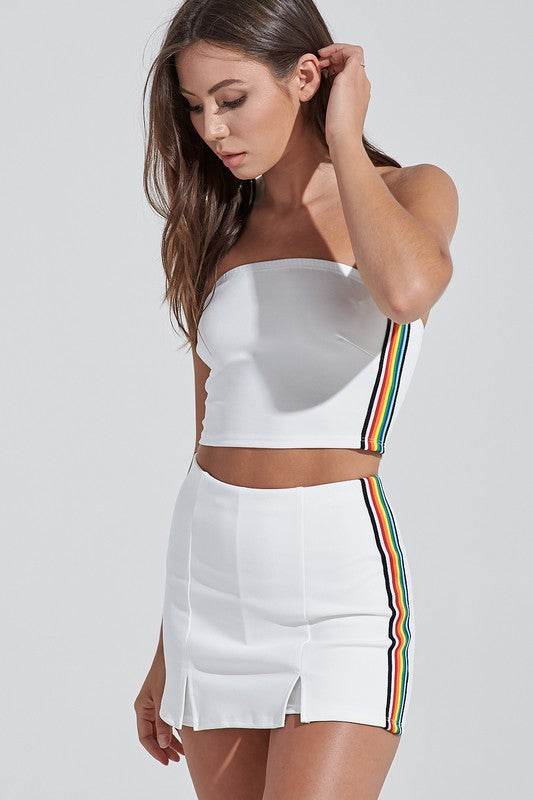 Fashion Strapless Ivory Multi-Color Striped Side Crop Top