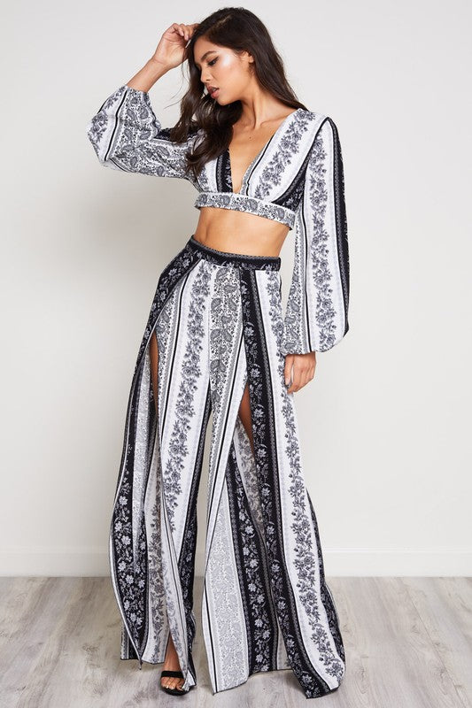 Fashion Summer Floral Print Black Contrast Cut Out Pants