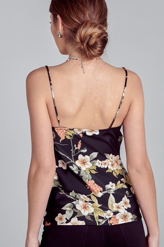 Elegant Strap V-Neck Black Multi-Color Floral Print Top
