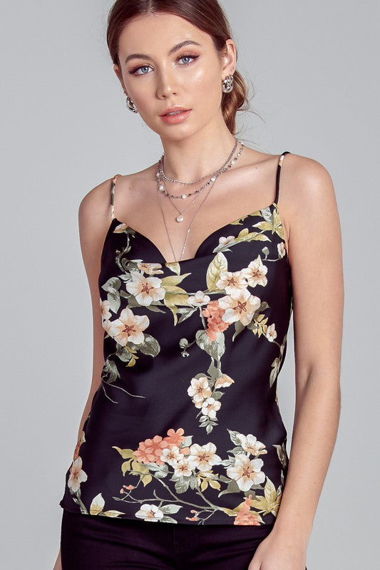 Elegant Strap V-Neck Black Multi-Color Floral Print Top