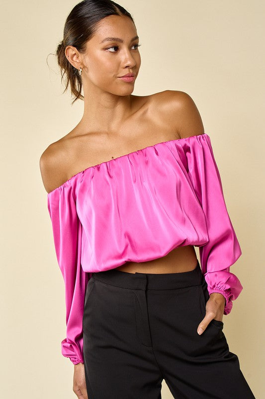 Elegant Off Shoulder Magenta Satin Top with Long Sleeve